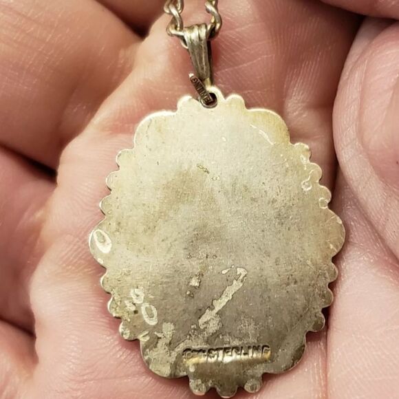 Sterling Silver Necklace Vintage With Turquoise 20" Long Pendant 1.43" - Picture 4 of 6